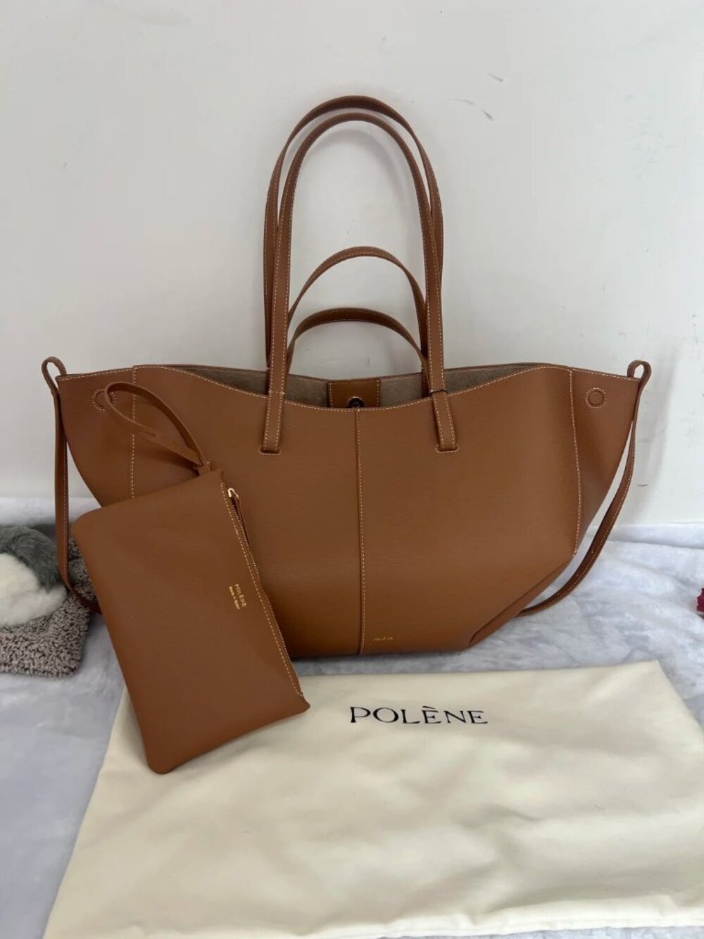 Polène Paris Cyme Mini Tan Textured Leather Tote Bag